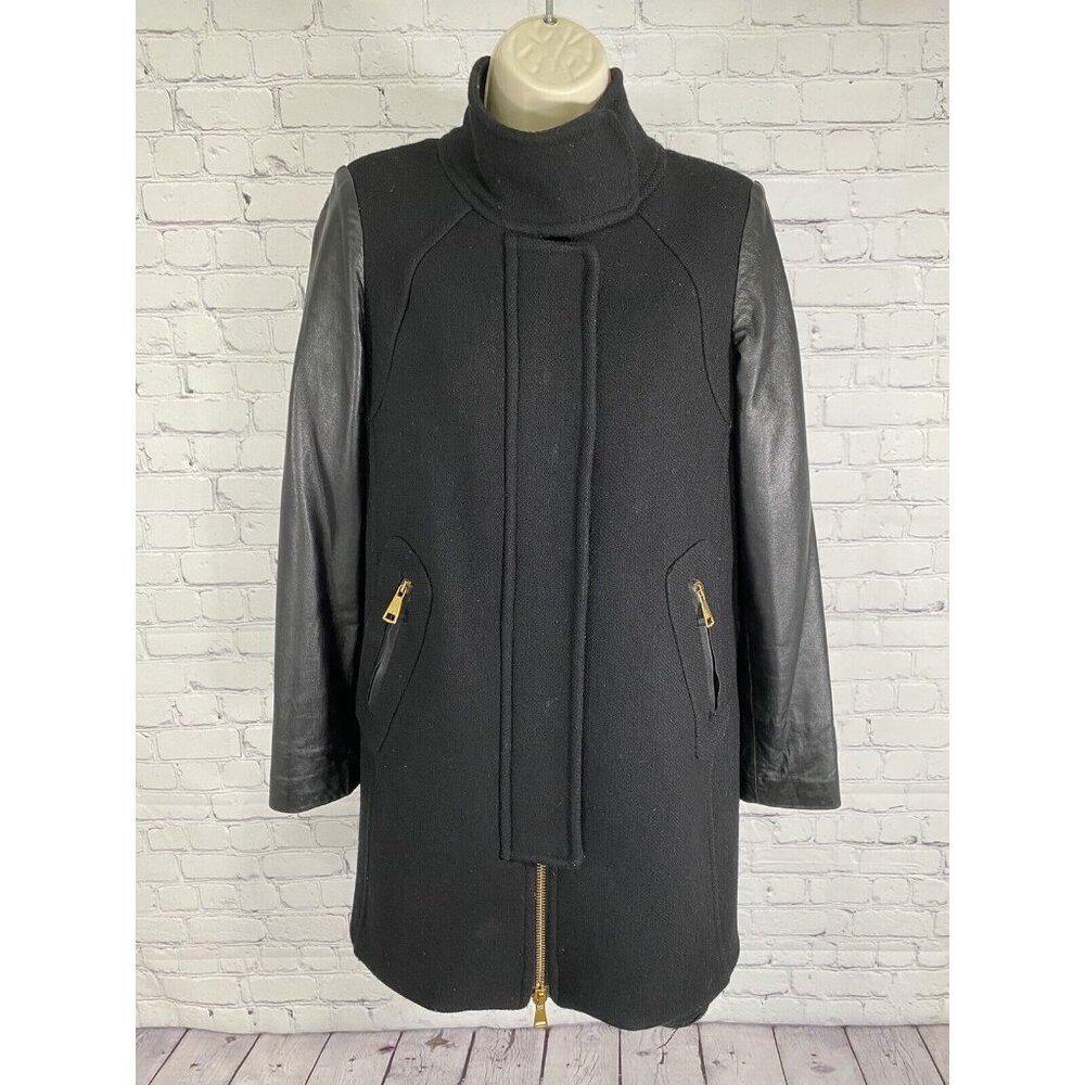 Milly Black Lamb Leather Sleeve Wool Blend Gold Zip Accent Long Coat Jacket 4
